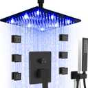 SKOWLL Matte Black Shower Faucet Set, High Pressure Ceiling 12 Inch LED Shower Head with Handheld Bathroom Full Body Shower System Include 6 Body Spray Jet