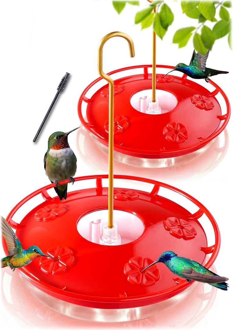 eWonLife Hummingbird Feeders for Outdoors, 2 Pack 16 oz Leak-Proof Dish-Style Humming Bird Feeder with Built-in Ant Moat, 5 Bee Proof Feeding Ports, Easy Clean, BPA Free Plastic, Garden Decor for Mom (Pure Red)