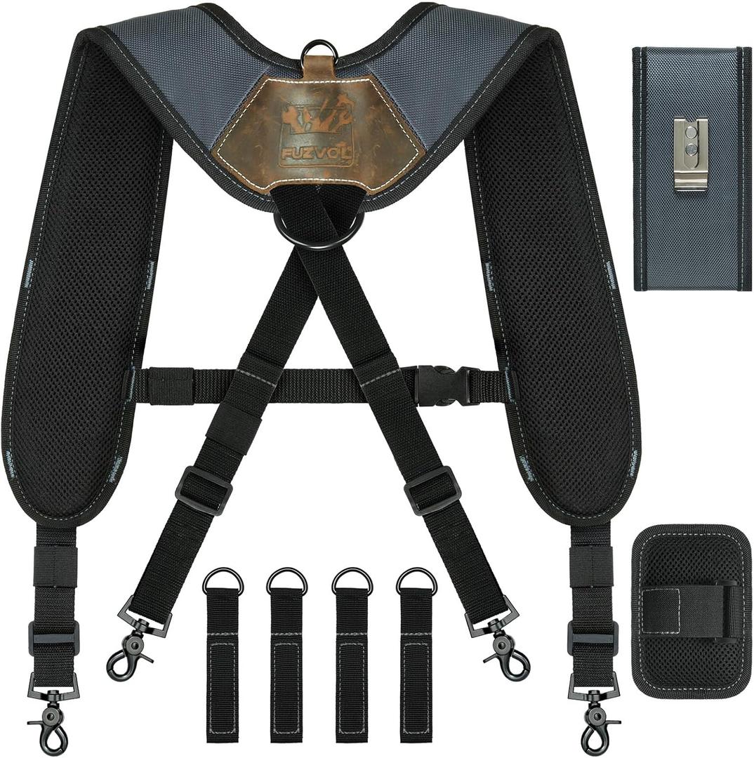 Tool Belt Suspenders, Tool Bag Suspenders, Work Belt Suspender with Magnetic Wristband and Loop Attachment, Padded Construction Suspender for Carpenter, Electrician, Framer, Blue-gray