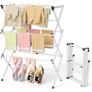 BAKON Space Saving Foldable Clothes Drying Rack, Extendable Rustproof Laundry Rack for Indoor Outdoor Use, No Assembly Required, Suitable for Bathroom Laundry Room Apartment RV, White