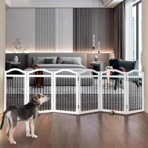 Foldable Freestanding Indoor Dog Gate for Doorways Wooden White Pet Gate for The House Dog Fence with Support Feet Included for Stairs, Hallways, 32" Height,6 Panels