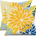 DFXSZ Yellow Blue Flower Pillow Covers 18x18 Inch Set of 2 White Gray Colored Throw Pillows Outdoor Waterproof Decor for Living Room Sofa Patio Funiture Garden Floral Polyester Pillow Covers 002J18