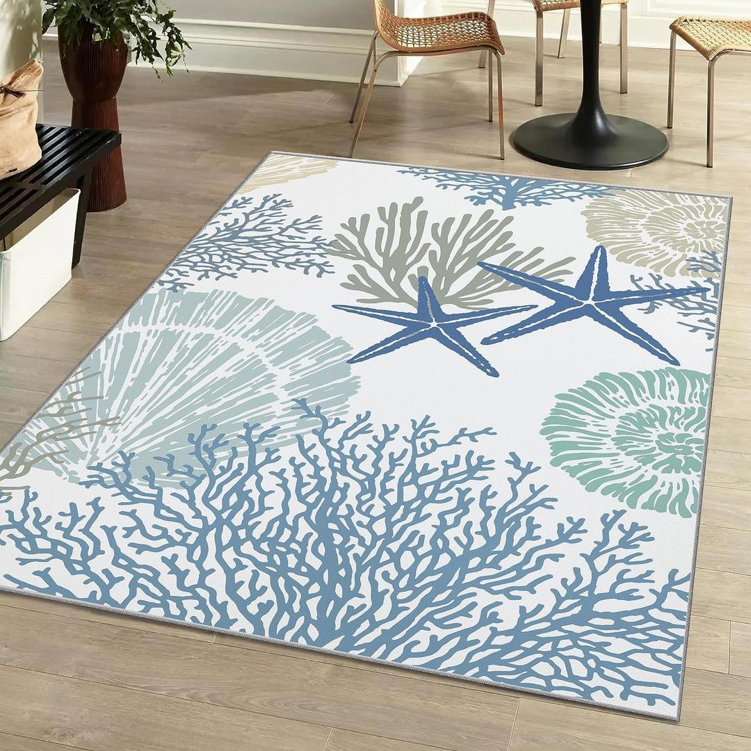 Tritard Coastal Area Rug 3x5 - Small Machine Washable Foldable Throw Rugs Non-Slip Beach Ocean Entryway Indoor Entrance Carpet for Kitchen Bathroom Laundry Bedroom Living Room, Blue