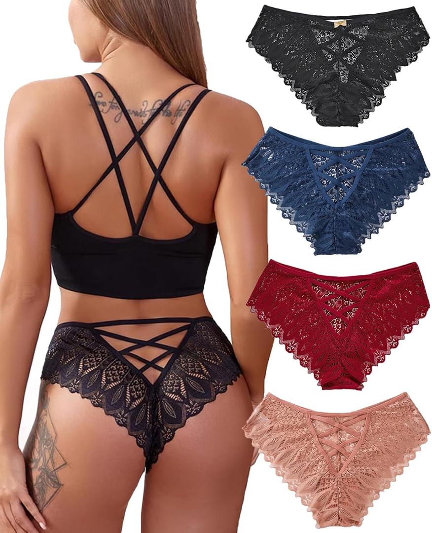 Kingfung Sexy Cheeky Panties for Women Lace Criss Cross Bikini Underwear 4 Pack, Medium