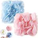 2 in 1 Loofah Sponges 2-Pack Dual-Sided Exfoliating Bath Sponges for Shower & Loofah Washcloth for Bar Soap Premium Body Scrubber with Drawstring for Gentle Skin Smoothing - BluePink