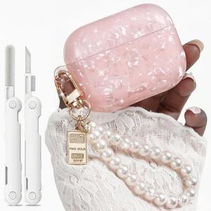 for Airpods Pro 3 Case 2025,Cute Funny Glitter Shell Pattern Soft TPU Cover Compatible with Airpods Pro 3rd Generation Case with Luxury Pearl Keychain and Cleaning Kit for Women Girl-Pink
