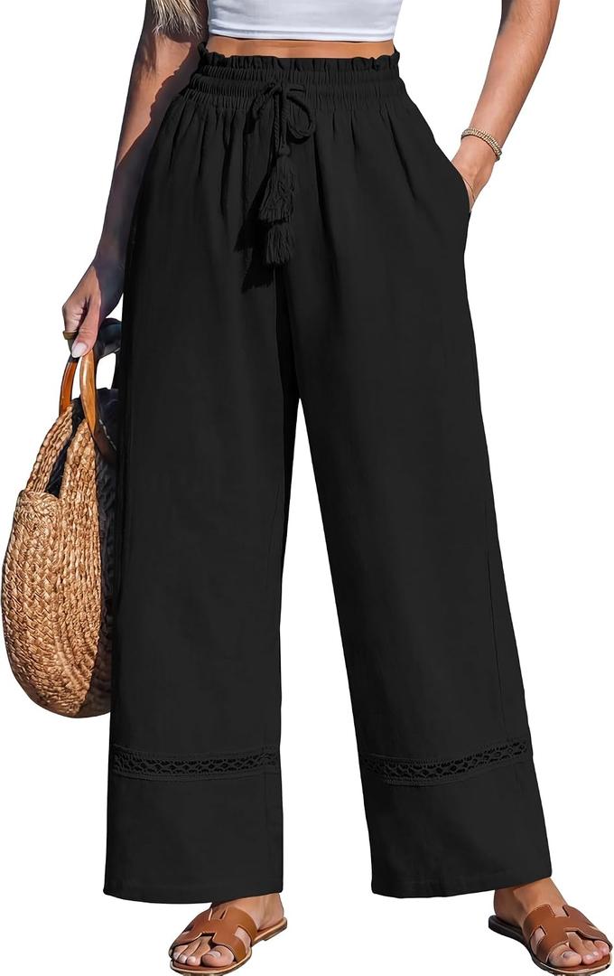 Sarin Mathews Womens Wide Leg Linen Pants High Waisted Drawstring Palazzo Casual Summer Beach Pants with Pockets L