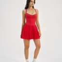 QINSEN Womens V Neck Pleated Tennis Dresses Built in Shorts Cross Back Sleeveless Athletic Dress with Pockets (Red, L)