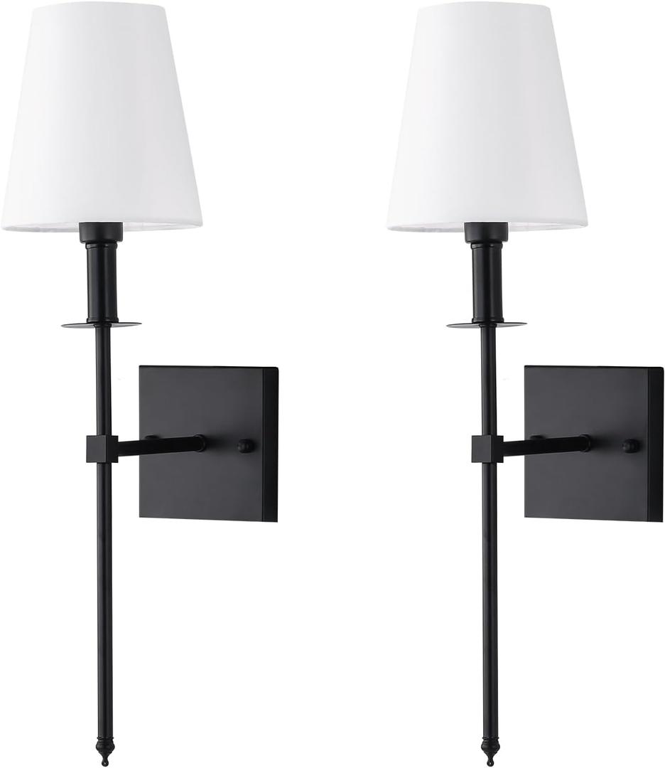 TISLYCO Matte Black Slim Wall Sconces Set of 2 with White Fabric Shades, Indoor Wall Light Column Stand Wall Lamp for Bedroom Living Room Hallway, Vanity Light Fixture