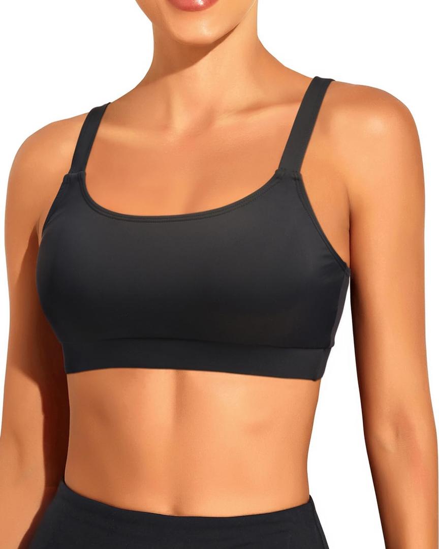 Tempt Me Women Sports Bra Bikini Tops Scoop Neck Bathing Suits Top Padded Swim Crop Tops Only (Black, M)