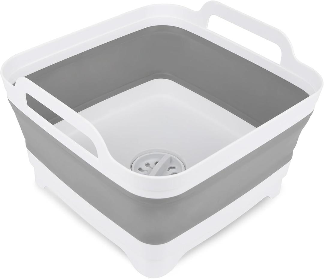 2.4 Gal(9L) Collapsible Dish Basin with Drain Plug, Kitchen Storage Tray Dish Wash Basin, Portable Dish Tub, Foldable Dishpan for Camping,RV,Gray