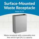 Bobrick Surface-Mounted Waste Receptacle, 6.4-gallon Capacity, Satin-Finish Stainless Steel, Open Top Design with Removable Vinyl Liner, 14" W x 18" H x 6" D (Model B-279)