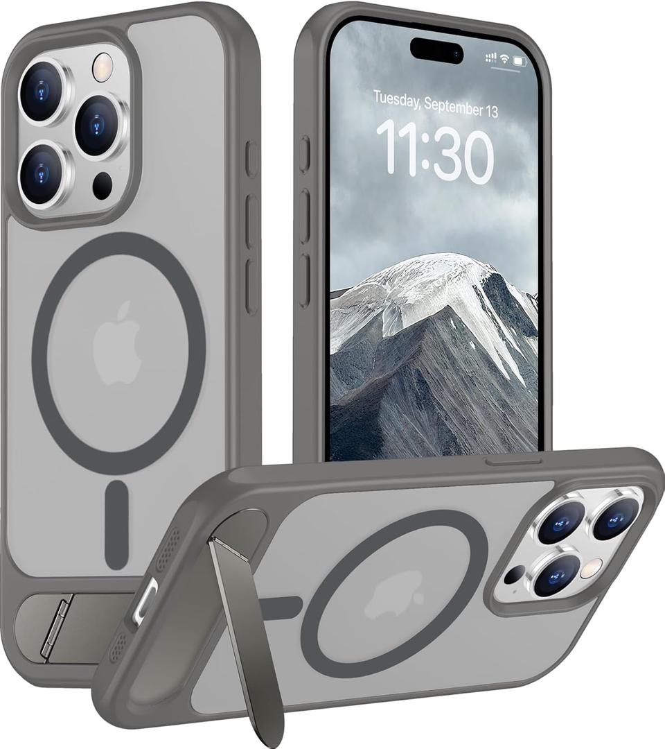 Temdan Magnetic Compatible with iPhone 15 Pro Max Case, [Built-in Invisible Kickstand][Compatible with MagSafe] [Military Grade Shockproof] Slim Translucent Matte Phone Case for iPhone 15 Pro Max 6.7" (Gray)