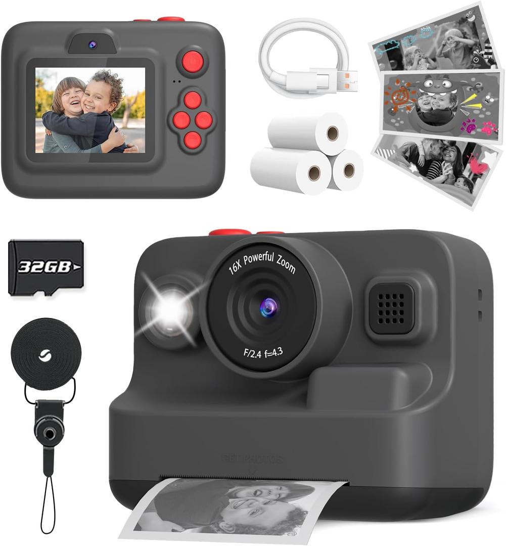 Yehtta Kids Camera Instant Print, Dual-Lens Front Rear Selfie Camera for Kids, Christmas Birthday Gifts Toys for 3-12 Year Old Boys Girls, 2.4in Screen 1080P Kid Digital Cameras with 32G Card (Black)