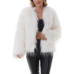 QUENTY PIELIES Faux Fur Coat Womens Jacket Shaggy Outwear Long Sleeve Warm Winter (Large, White)