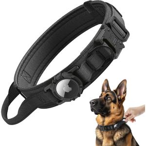 Tactical AirTag Dog Collar - Heavy Duty, Adjustable GPS Collar Compatible with Apple AirTag, with Holder & Control Handle for Medium/Large Dogs [ Black, XL ]