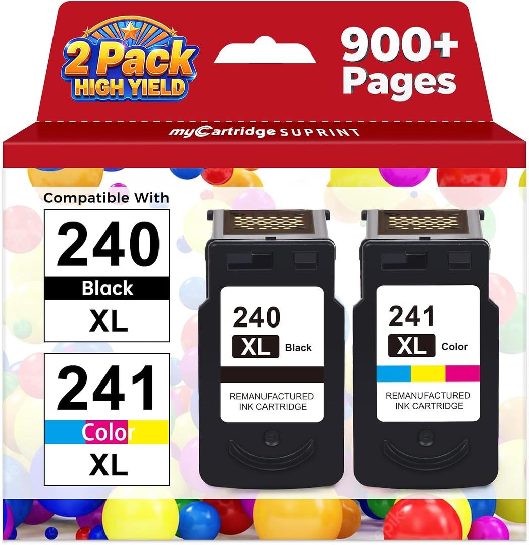 PG-240 XL/CL-241 XL Ink Cartridges Replacement for Canon 240XL 241XL Combo Pack 240 241 for Canon PIXMA MG3620 TS5120 MG3520 MG3600 MG3220 MX472 Printer (1 Black, 1 Tri-Color, 2 Pack)