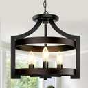 14.5in 3-Light Farmhouse Chandelier, Pendant Hanging Lighting Adjustable Height, Convertible Vintage Semi Flush Mount Ceiling Light Fixture, Rustic Black Chandeliers for Dining Room Foyer Entryway