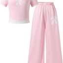 WDIRARA Girl's 2 Piece Cute Outfits Bow Print Short Sleeve T Shirt Crop Top and Baggy Pants Clothing Set Pink 14Y