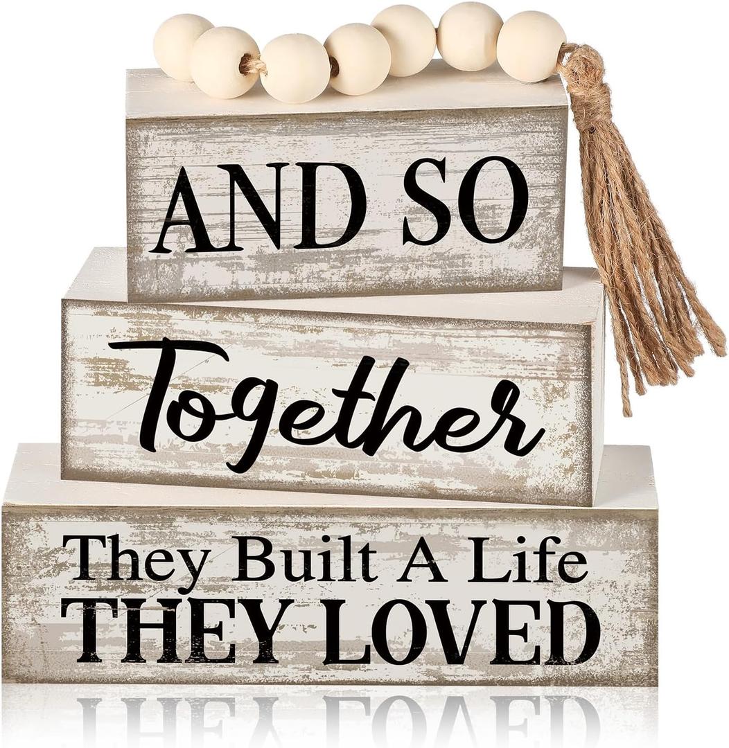 4 Pcs Farmhouse Home Decoration Wooden Tabletop and So Together They Built a Life They Loved Decor Motivational Tiered Tray Decor Rustic Block Sign Retro Bead Garland Table Centerpiece for Shelf Desk
