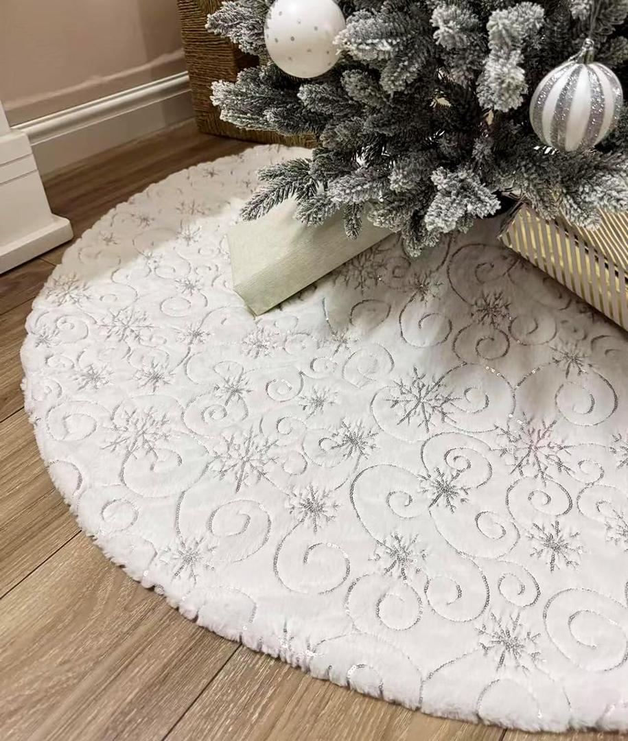 AOGU 36 Inch Sequin Faux Fur Christmas Tree Skirt for Christmas Tree Decorations White Plush Silver Sequin Snowflake Tree Skirt