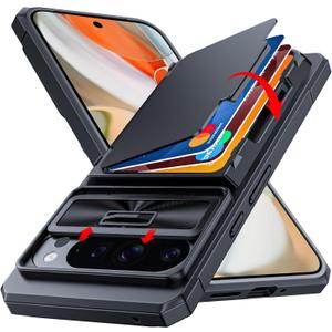 CENMASO for Google Pixel 9 Pro XL Case with Card Holder (4 Cards) Sliding Camera Cover & KickstandRFID Blocking Military Drop Protection & TPU Edge Wallet Case for Pixel 9 Pro XL-Black