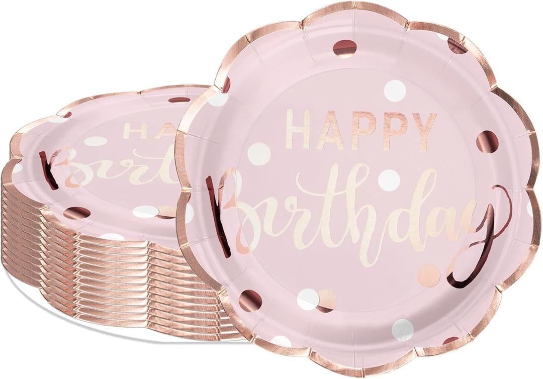 LeZakaa 25Pcs Birthday Paper Plates - Happy Birthday Lettering in Pink Rose Gold Foil Design Disposable Party Plates Decorative Tableware Supplies Table Decor - 9 Inch