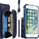 MONASAY Zipper Wallet Case Fit for iPhone SE 2022/2020/8/7, [Glass Screen Protector ][RFID Blocking] Flip Leather Handbag Phone Cover with Card Holder & Crossbody Lanyard Strap, Dark Blue