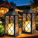 Yowin Solar Lanterns Outdoor Waterproof 2 Pack 14" Large Tempered Glass Hanging Solar Lantern with Flameless Candle, Garden Gifts, Wall Lamp for Backyard Porch Patio Lawn Vintage Decorations - Black