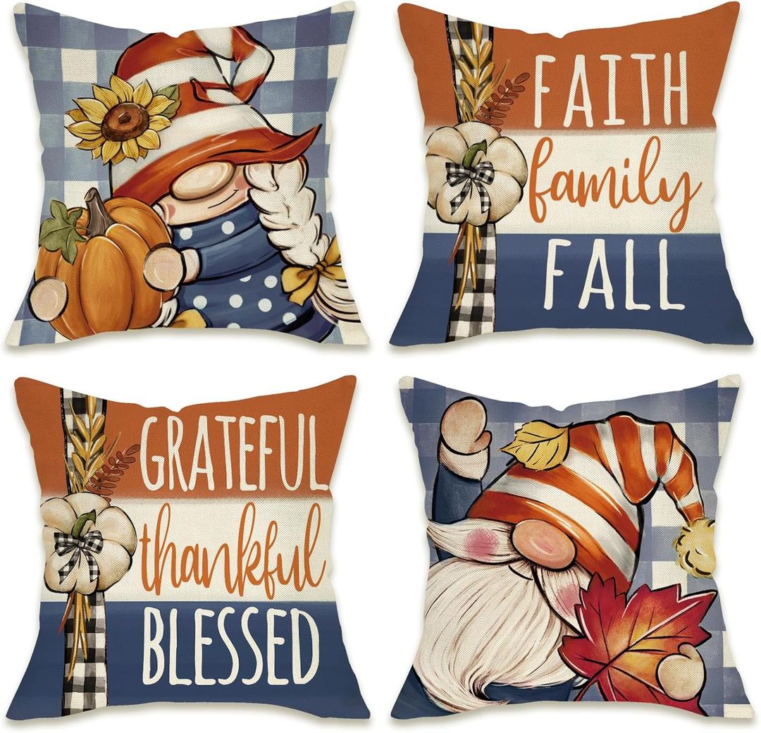 Fahrendom Thanksgiving Gnome Decorative Throw Pillow Covers 18 x 18 Set of 4, Grateful Thankful Blessed Porch Patio Outdoor Pillowcase, Faith Family Fall Autumn Plaid Farmhouse Cushion Case Home Decor