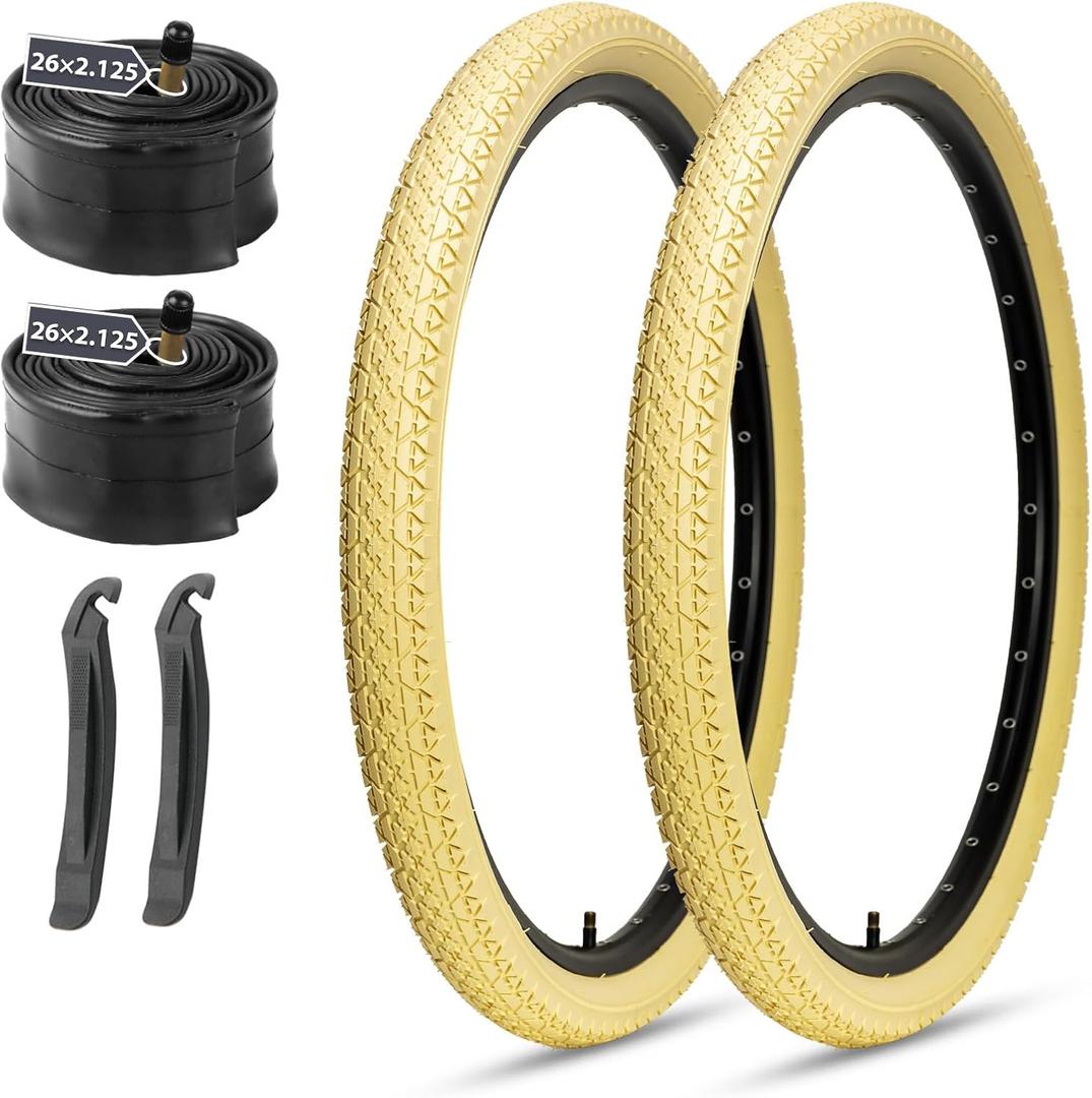 26x2.125 Cruiser Bike Tires: MOHEGIA 2-Pack 26 Inch Folding Tires with Pair Bike Tubes & Tire Levers Replacement Set for Beach Cruiser and Urban Commuting Bicycle