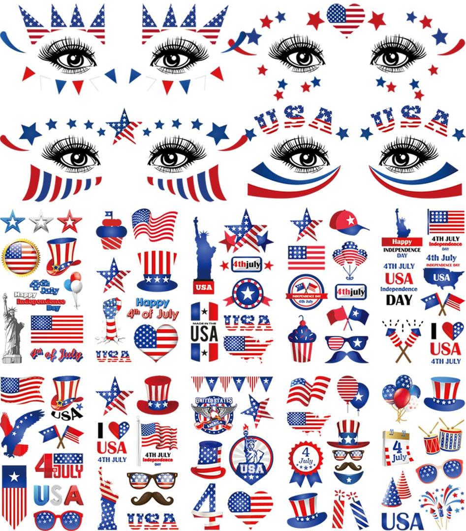 3 x 4th of July Temporary Tattoos for Kids Adults, 128+ PCS Patriotic Waterproof Fake Tattoos with American Flag Eagle Fireworks Designs, Independence Day Party Favors Supplies for USA Memorial Day Parade