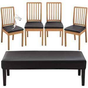 FUANGUI PU Dining Room Chair Covers Slipcovers Set of 4 with 1PC Bench Cover, Waterproof and Stretchable Removable Slipcover for Kitchen, Living Room, Bedroom (Black)