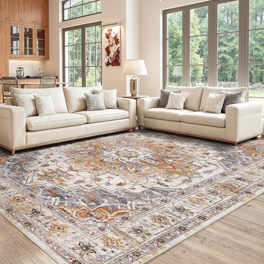 befbee Washable Area Rug 8x10, Large Soft Rugs for Living Room Stain Resistant Non-Slip Backing Rugs for Bedroom, Vintage Clearance Large Area Rug (Turmeric/Grey,8'x10')