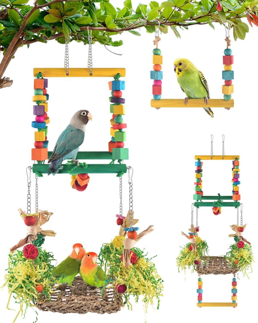 Bird Hammock Toys Parakeet Perches Swing, 3in1 Detachable Parrot Cage Accessories, Wooden Hanging Chew Toys for Medium Small Birds Budgie Lovebird Cockatiel Parakeet Finches