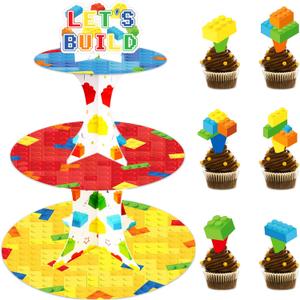 Building Block Cupcake Stand with 24pcs Cupcake Toppers for Blocks Birthday Party Decorations 3 Tire Brick Themed Cupcake Dessert Holder for Building Blocks Baby Shower Party Decor Supplies