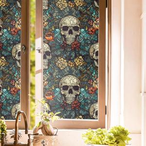 Blue Grey Red Skull Floral Stained Glass Window Films Decorative Double-Side Privacy Film Self-Adhesive Static Clings for Living Room Bathroom Glass Windows Decor