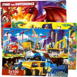 QUOKKA 100 Piece Puzzles for Kids Ages 4-6  3 Floor Puzzles for Toddlers 3-5  Toy for Learning Pirates & Constructions & Animals for 6-8 yo  Jigsaw Toddler Game for Boy and Girl