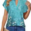 DJT Womens Summer Tops Short Sleeve Shirts Trendy V Neck T-Shirts Top Dressy Casual Work Blouses (Green, L)
