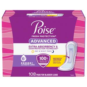 Poise Advanced Ultimate Absorbency Incontinence and Postpartum Long Pads, 108-Count