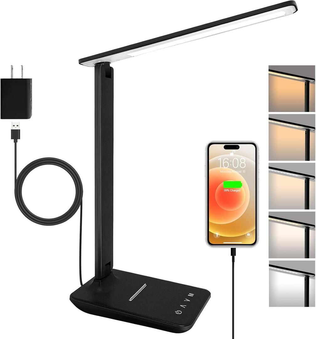 Shinelife LED Desk Lamp for Office Home, Bright Desk Light with USB Charging Port, Adjustable Dimmable Desk Lamps 5 Modes 5 Brightness, Touch Study Lamp for Nail, Craft, Puzzle, Sewing, Study, Black