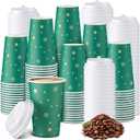 100 Set Christmas Paper Coffee Cups with Lids 12oz Winter Snowflake Green Disposable Paper Cups for Hot Chocolate Cold Drinks, Xmas Holiday Winter Party Supplies Decorations