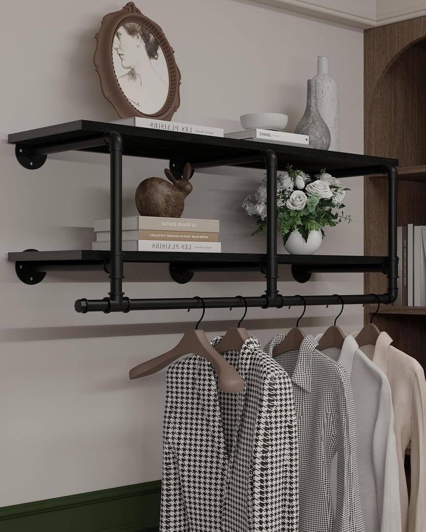 Wall Mounted Clothes Rack 12 Inch Deep, 42in Heavy Duty Garment Rack with Real Black Wood Shelf, Multi-Purpose Hanging Rod & Space-Saving Closet Storage Organizer, Black 