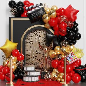Movie Night Balloon Garland Arch Kit - 134pcs Black, Red, Chrome Gold With Clapboard Popcorn Foil Balloons for Theater Film Party Decoration, Birthday, Bridal Shower Backdrop