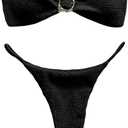 SHENHE Women's Strapless Brazilian Thong Bikini Set Metal Ring 2 Piece Bandeau Tube Swimsuits (Black), S