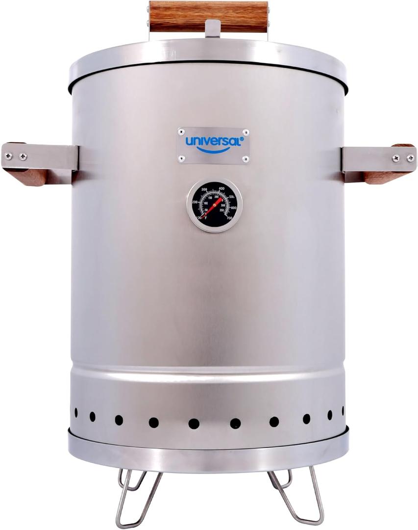Universal (6-pound) Stainless Steel (Small) Charcoal Barrel Smoker with Thermometer & Airlock system - 16.5"x 21.18" x 11.81", 2 in 1 Vertical Smoker - Grill and Smoker, 6-serving Slow Cooking Smoker