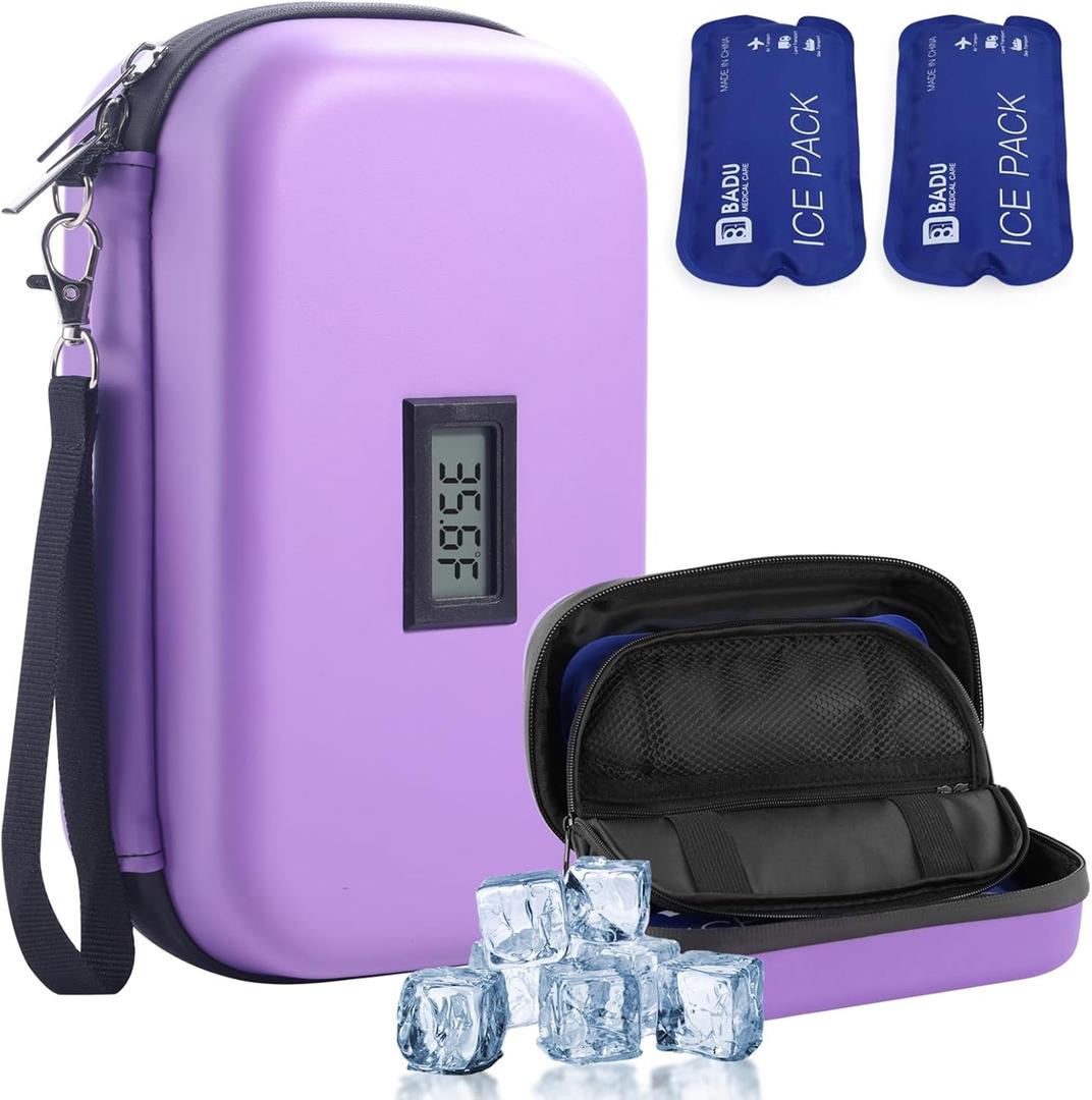 Insulin Cooler Travel Case TSA Approved Refrigerated Medicine Cooler for Travel w/Thermometer Temperature Diabetic Case w/2 Reusable Ice Packs for Daily Life Trip (Purple)