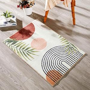 RoomTalks Boho Cute Bathroom Rugs Bath Mat Non Slip Washable, Modern Abstract Geometric Shape with Tropical Leaves 2x3 Small Area Rug for Bedroom Kitchen, Neutral Contemporary Retro Indoor Entry Rug (Terracotta and Black)
