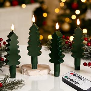 Eywamage Green Christmas Tree Flameless Taper Candles with Remote, Short Battery LED Wax Candlesticks Holiday Decor Set of 4