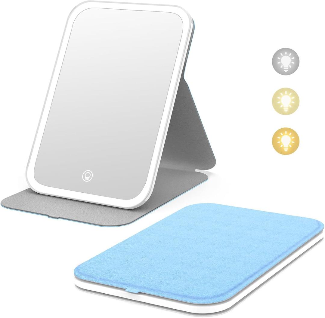 Kintion Travel Makeup Mirror, Portable LED Lighted Makeup Mirror, 360 Rotation Touch Screen Vanity Mirror, 60 LEDs, 3-Color Dimmable Lighting, Rechargeable Tabletop Folding Cosmetic Mirror, Blue